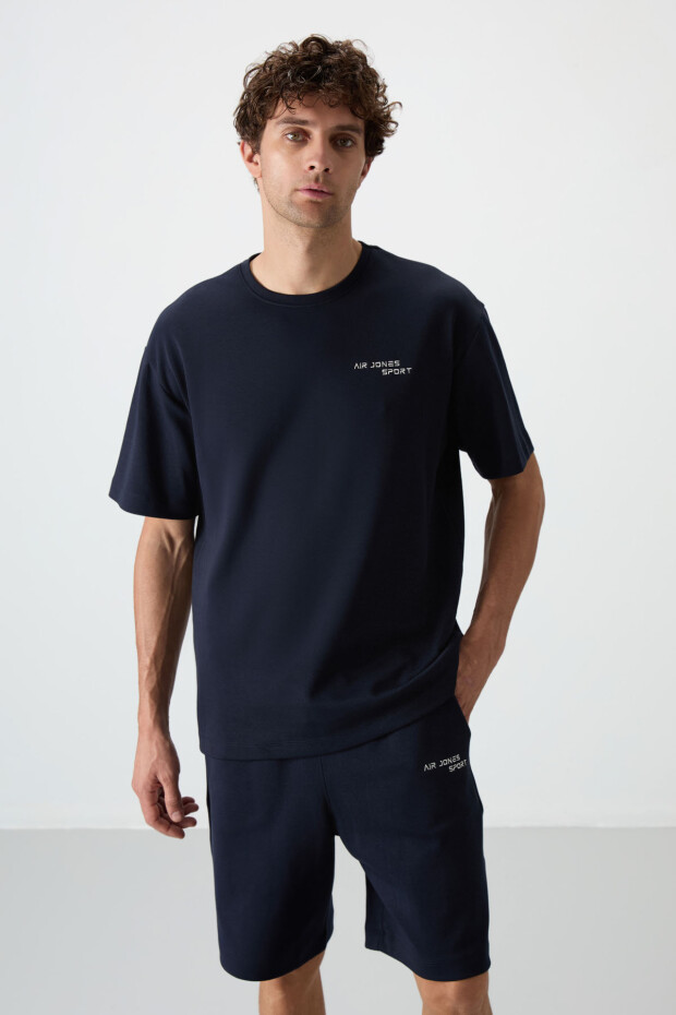 Lacivert Pamuklu Kalın Yumuşak Dokulu Oversize Fit Nakışlı Erkek Şort Takım - 85250 - 6