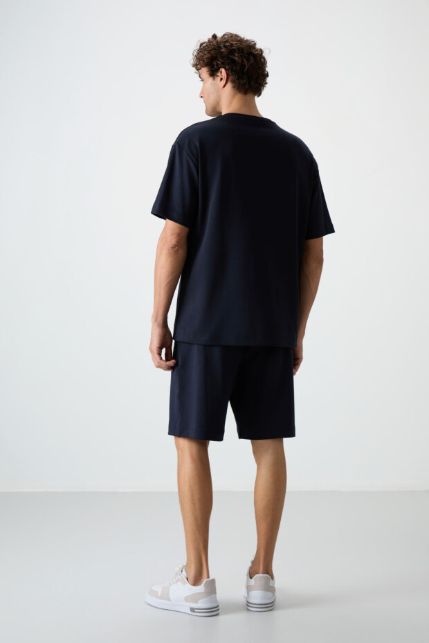 Lacivert Pamuklu Kalın Yumuşak Dokulu Oversize Fit Nakışlı Erkek Şort Takım - 85250 - 9