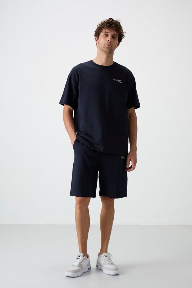 Lacivert Pamuklu Kalın Yumuşak Dokulu Oversize Fit Nakışlı Erkek Şort Takım - 85250 - 4