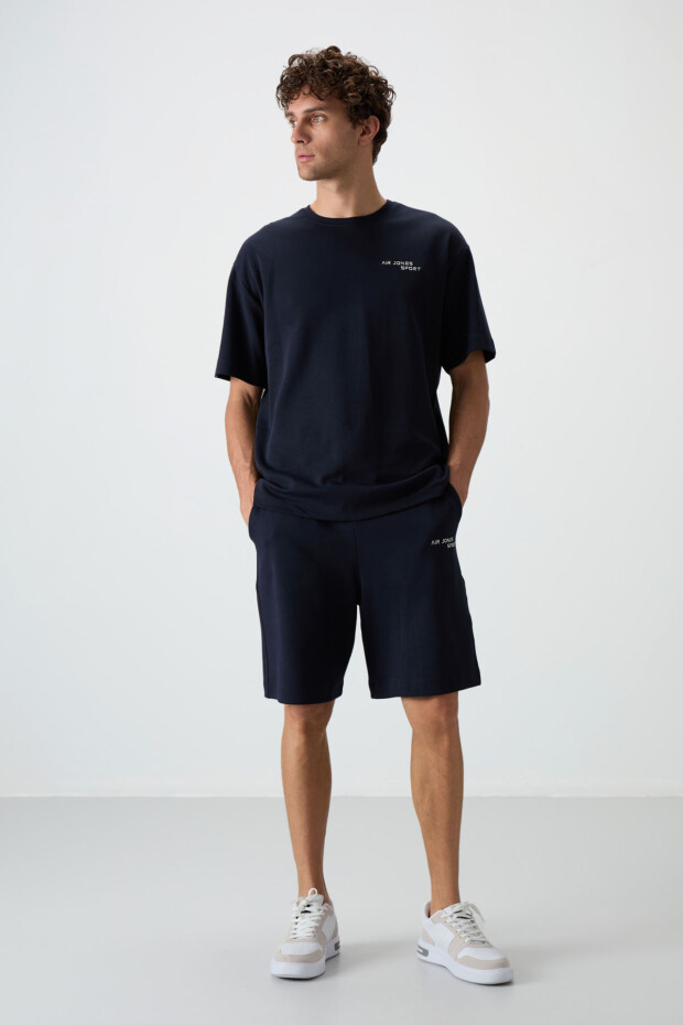 Lacivert Pamuklu Kalın Yumuşak Dokulu Oversize Fit Nakışlı Erkek Şort Takım - 85250 - 1