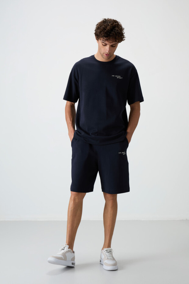 Lacivert Pamuklu Kalın Yumuşak Dokulu Oversize Fit Nakışlı Erkek Şort Takım - 85250 - 8