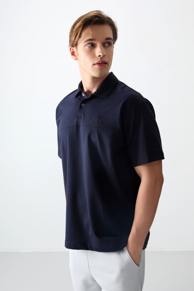 Lacivert Pamuklu Kalın Yumuşak Dokulu Polo Yaka Oversize Fit Basic Erkek T- Shirt - 88382 - 5