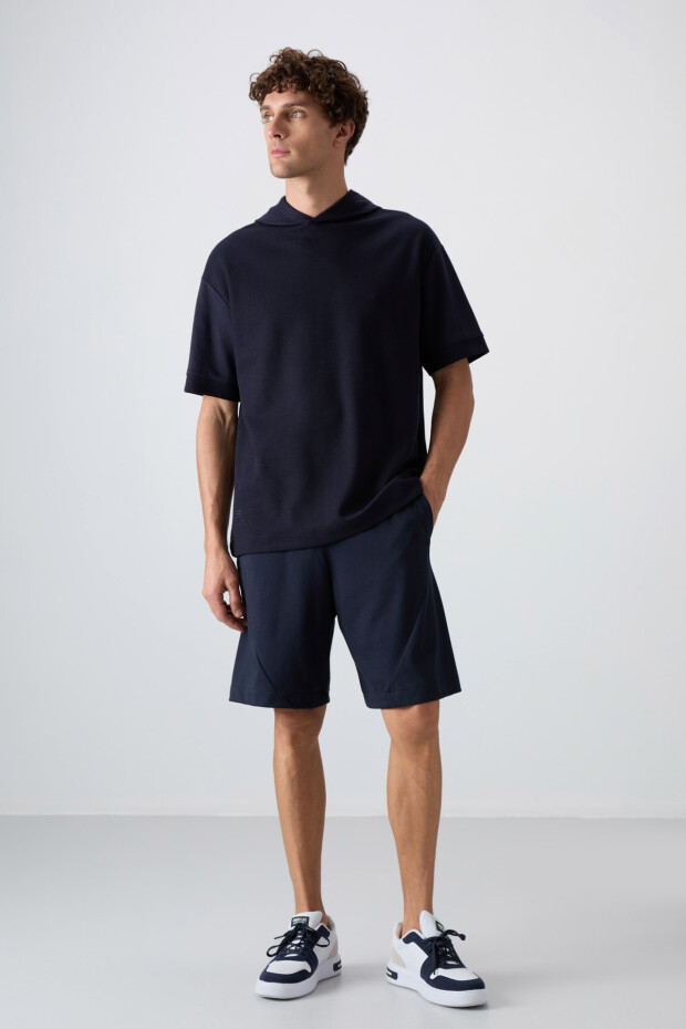 Lacivert Pamuklu Kalın Yüzeyi Dokulu Oversize Fit Basic Erkek T-Shirt - 88335 - 4