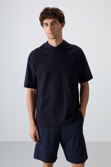 Lacivert Pamuklu Kalın Yüzeyi Dokulu Oversize Fit Basic Erkek T-Shirt - 88335 