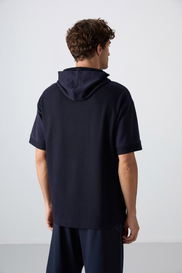 Lacivert Pamuklu Kalın Yüzeyi Dokulu Oversize Fit Basic Erkek T-Shirt - 88335 - 5