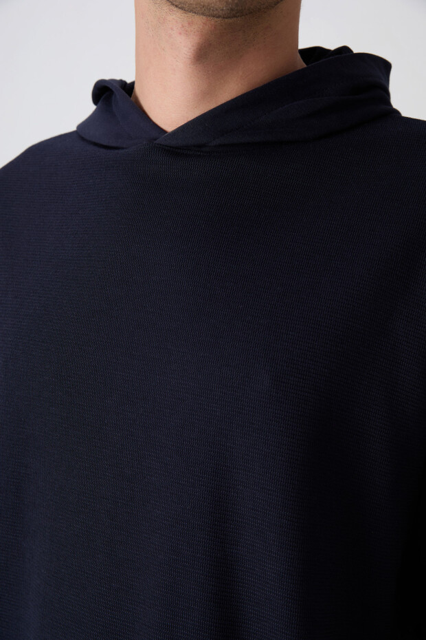 Lacivert Pamuklu Kalın Yüzeyi Dokulu Oversize Fit Basic Erkek T-Shirt - 88335 - 3
