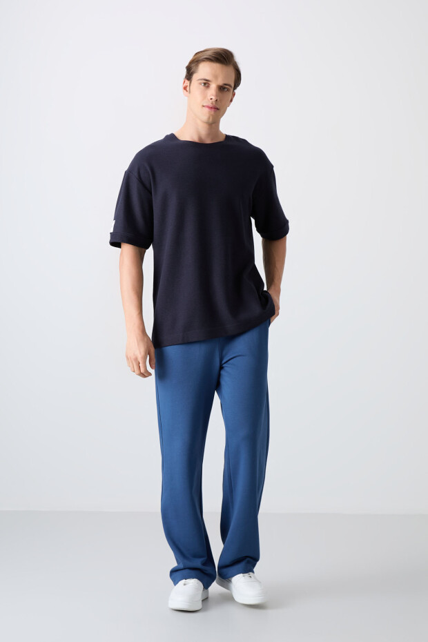 Lacivert Pamuklu Kalın Yüzeyi Dokulu Oversize Fit Basic Erkek T-Shirt - 88339 - 2