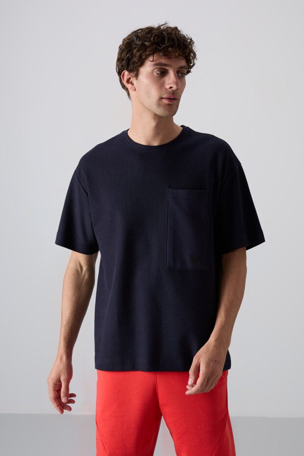 Lacivert Pamuklu Kalın Yüzeyi Dokulu Oversize Fit Basic Erkek T-Shirt - 88341 - 2