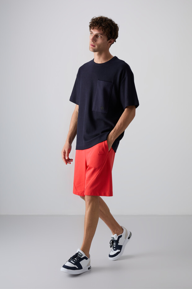Lacivert Pamuklu Kalın Yüzeyi Dokulu Oversize Fit Basic Erkek T-Shirt - 88341 - 4
