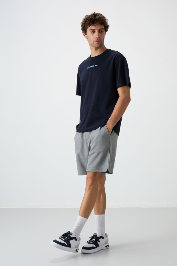 Lacivert Pamuklu Kalın Yüzeyi Dokulu Oversize Fit Baskılı Erkek T-Shirt - 88364 - 3