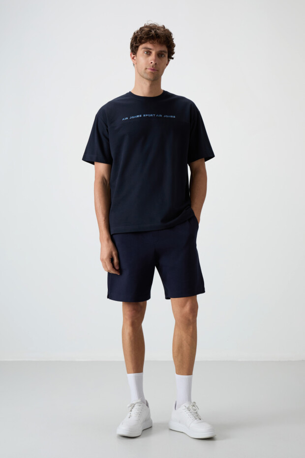 Lacivert Pamuklu Kalın Yüzeyi Dokulu Oversize Fit Baskılı Erkek T-Shirt - 88371 - 2