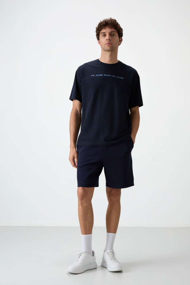 Lacivert Pamuklu Kalın Yüzeyi Dokulu Oversize Fit Baskılı Erkek T-Shirt - 88371 - 5