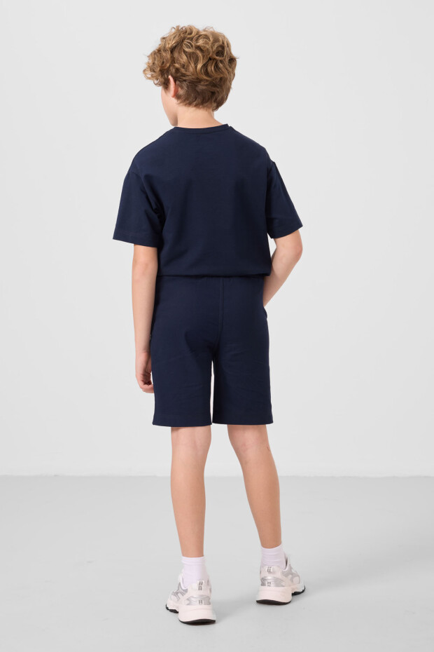 Lacivert Pamuklu Oversize Fit Dokuma Hafif Esnek Chino Erkek Çocuk Şort Takım - 11279 - 7