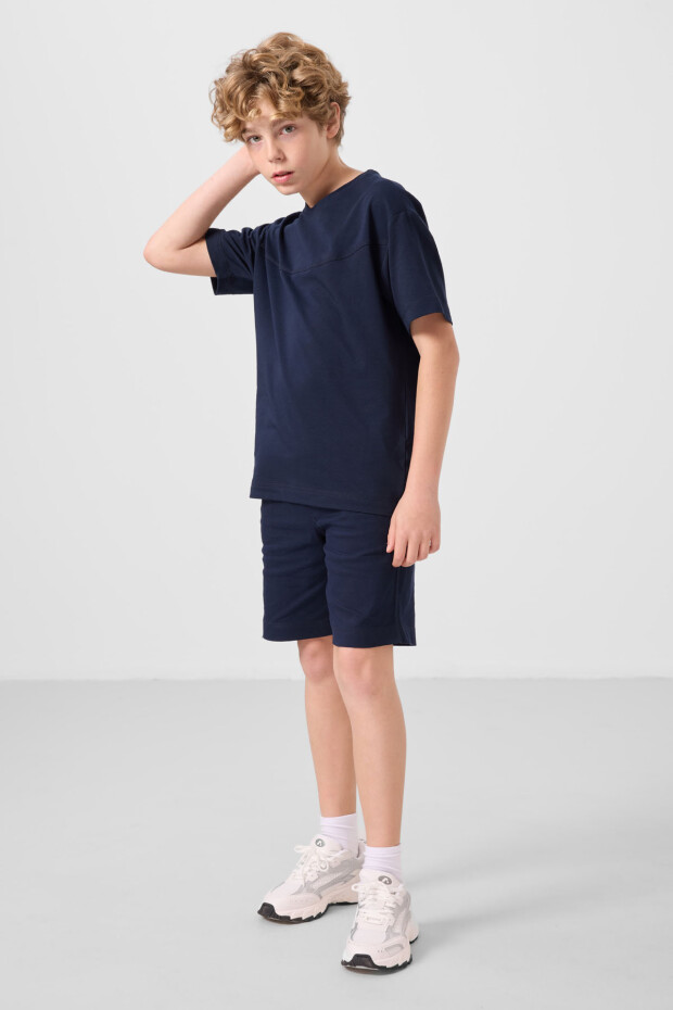 Lacivert Pamuklu Oversize Fit Dokuma Hafif Esnek Chino Erkek Çocuk Şort Takım - 11279 - 1