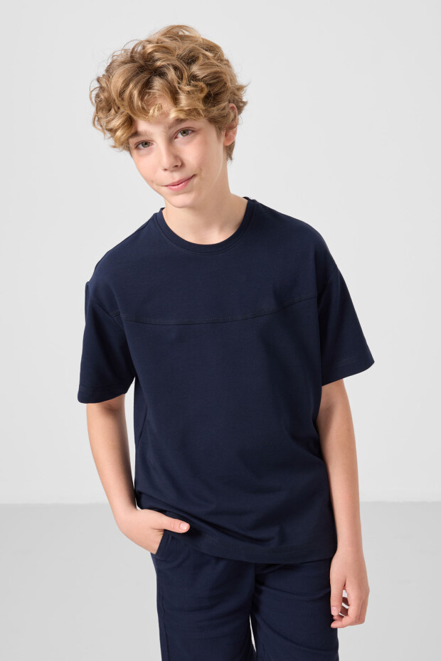 Lacivert Pamuklu Oversize Fit Dokuma Hafif Esnek Chino Erkek Çocuk Şort Takım - 11279 - 4