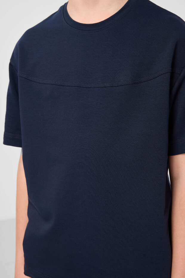 Lacivert Pamuklu Oversize Fit Dokuma Hafif Esnek Chino Erkek Çocuk Şort Takım - 11279 - 5
