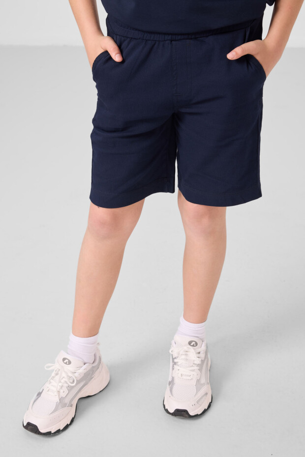 Lacivert Pamuklu Oversize Fit Dokuma Hafif Esnek Chino Erkek Çocuk Şort Takım - 11279 - 3