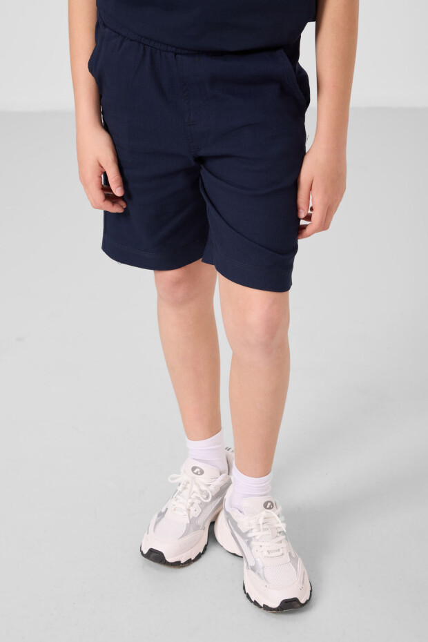 Lacivert Pamuklu Oversize Fit Dokuma Hafif Esnek Chino Erkek Çocuk Şort Takım - 11279 - 6