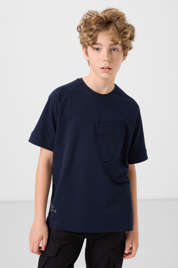 Lacivert Pamuklu Yumuşak Dokulu Oversize Cep Detaylı Erkek Çocuk T-Shirt - 11295 