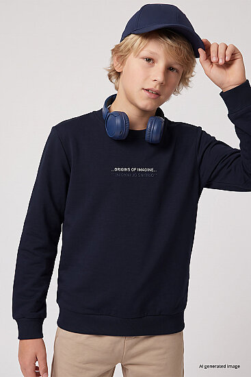 Lacivert Standart Fit Baskılı O Yaka Erkek Çocuk Sweatshirt - 11322 