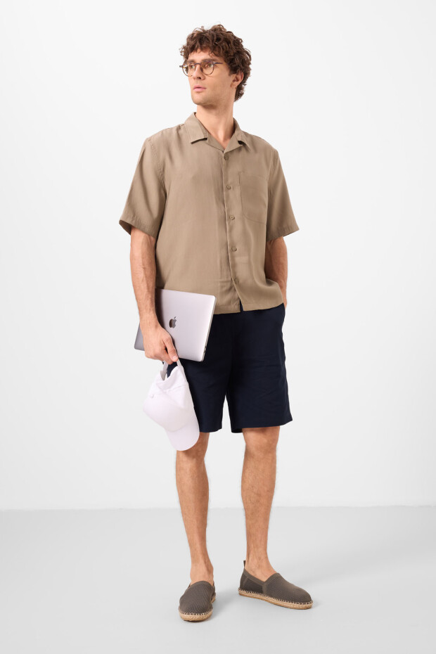 Lacivert Standart Fit Dokuma Hafif Esnek Chino Erkek Şort - 81291 - 3