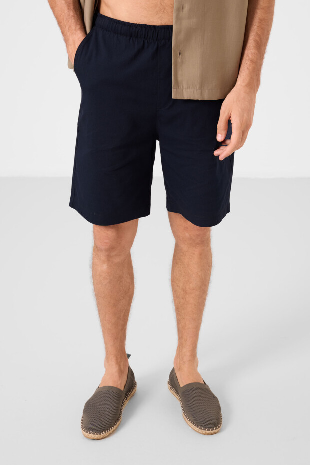 Lacivert Standart Fit Dokuma Hafif Esnek Chino Erkek Şort - 81291 - 4