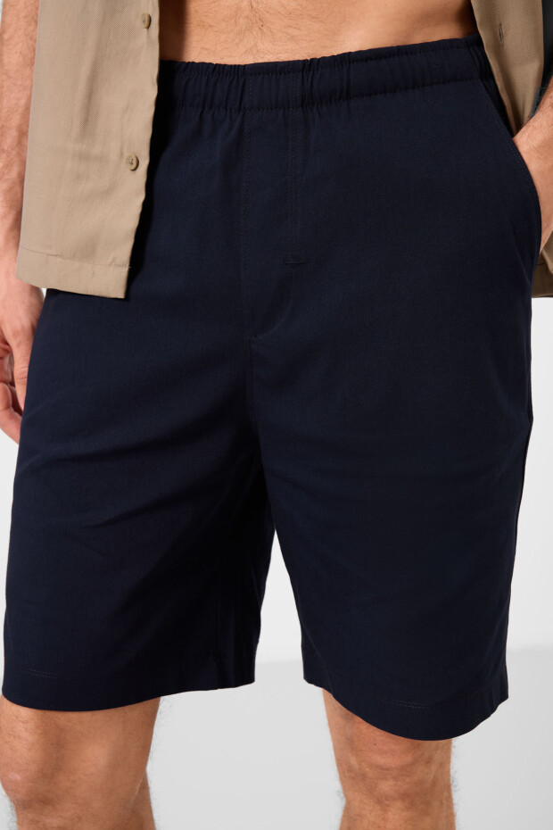 Lacivert Standart Fit Dokuma Hafif Esnek Chino Erkek Şort - 81291 - 6