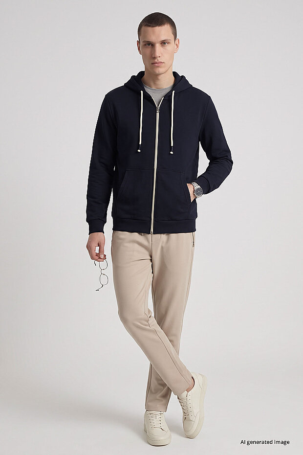 Lacivert Standart Kalıp Basic Fermuarlı Erkek Sweatshirt - 88514 - 4