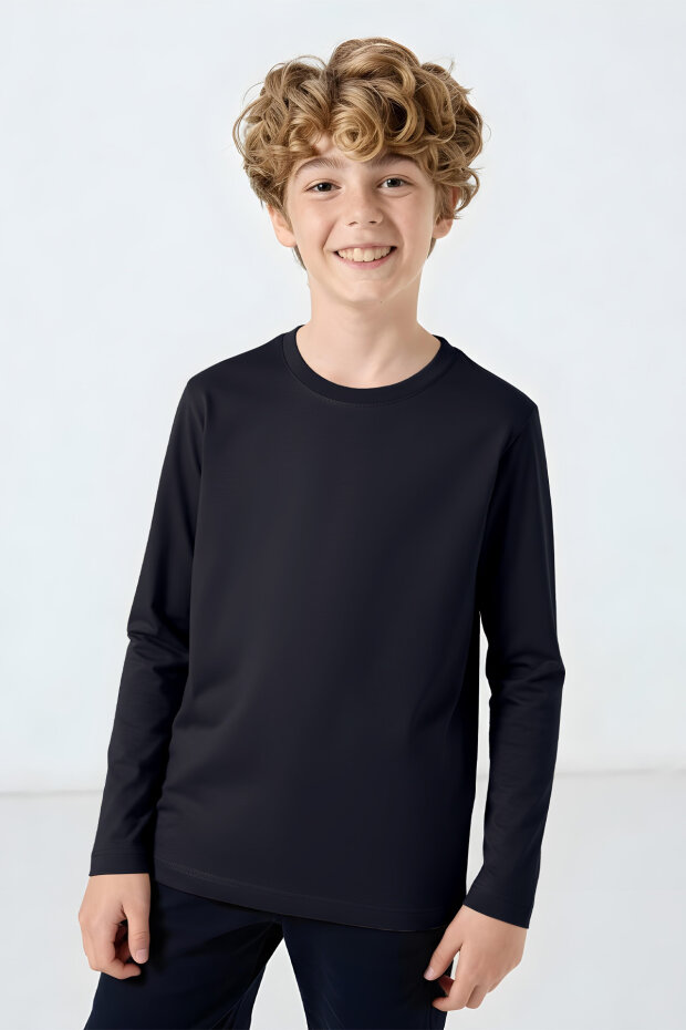 Lacivert O Yaka Standart Fit Basic Uzun Kollu Unisex Çocuk T-Shirt - 11329 - 3