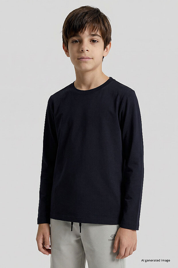 Lacivert O Yaka Standart Fit Basic Uzun Kollu Unisex Çocuk T-Shirt - 11329 - 2