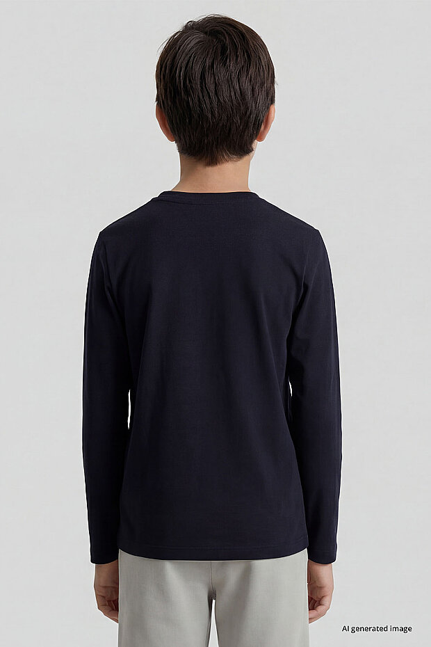 Lacivert O Yaka Standart Fit Basic Uzun Kollu Unisex Çocuk T-Shirt - 11329 - 7