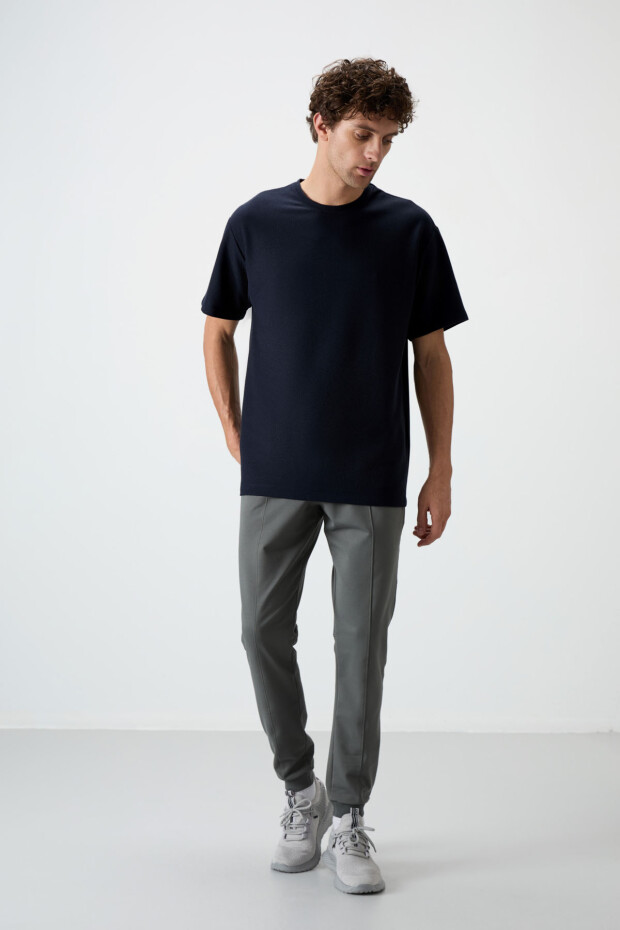 Lacivert Waffle İnterlok Yüzeyi Dokulu Oversize Fit Basic Erkek T-Shirt - 88379 - 3