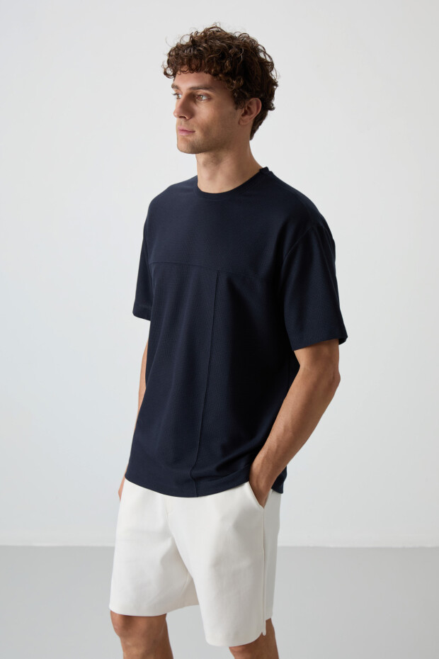 Lacivert Waffle İnterlok Yüzeyi Dokulu Oversize Fit Basic Erkek T-Shirt - 88380 - 5