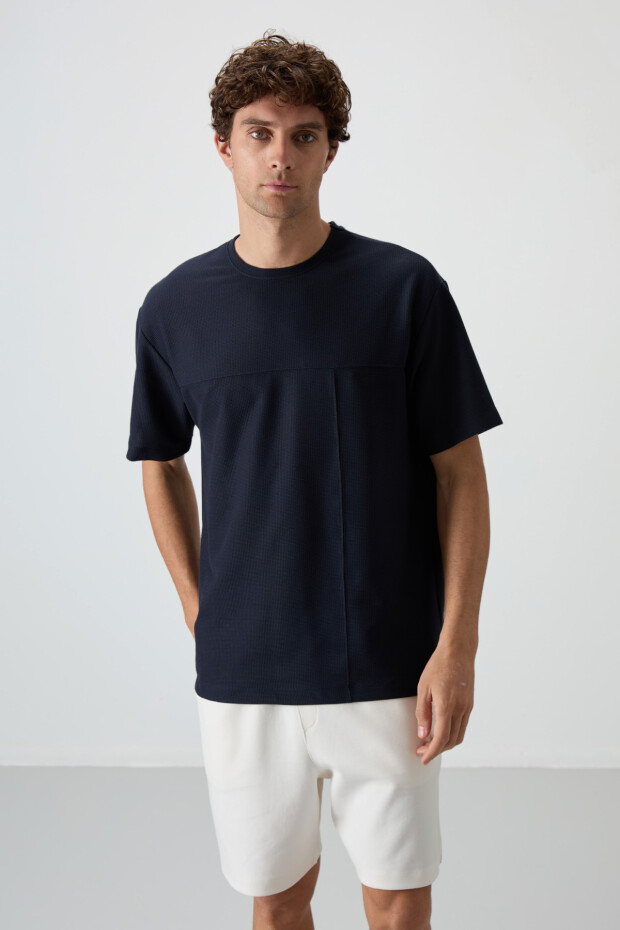 Lacivert Waffle İnterlok Yüzeyi Dokulu Oversize Fit Basic Erkek T-Shirt - 88380 - 2