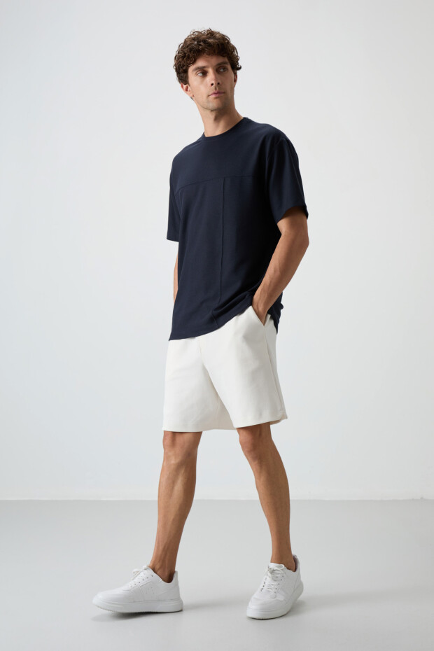 Lacivert Waffle İnterlok Yüzeyi Dokulu Oversize Fit Basic Erkek T-Shirt - 88380 - 3