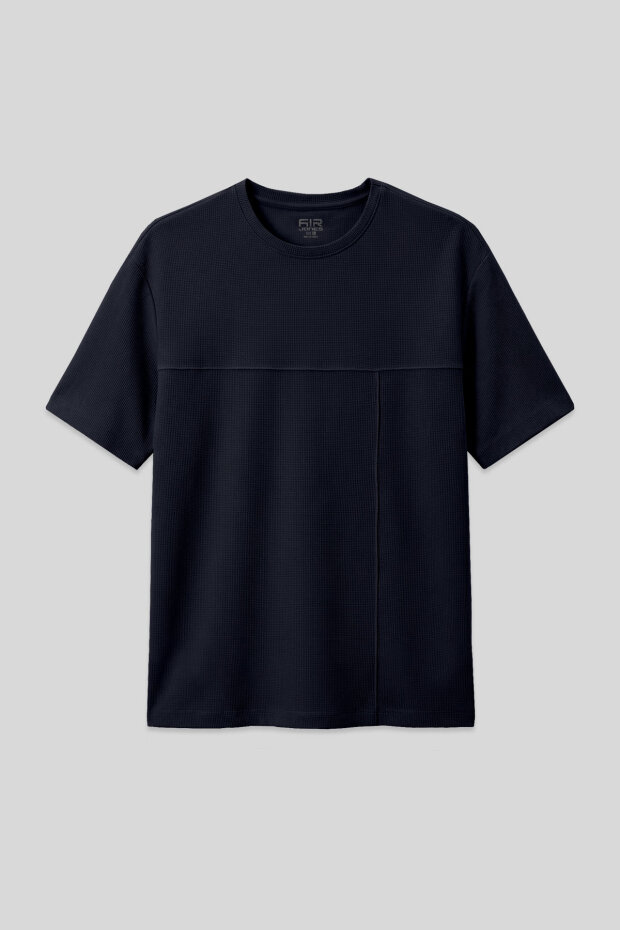 Lacivert Waffle İnterlok Yüzeyi Dokulu Oversize Fit Basic Erkek T-Shirt - 88380 - 1