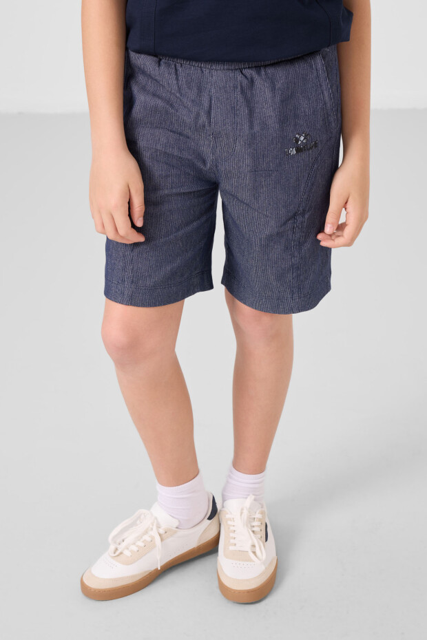 Lacivert-Kot Lacivert Pamuklu Oversize Fit Dokuma Hafif Esnek Chino Erkek Çocuk Şort Takım - 11276 - 2