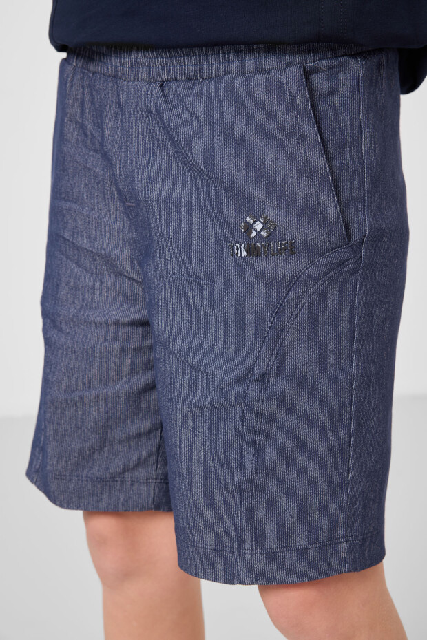 Lacivert-Kot Lacivert Pamuklu Oversize Fit Dokuma Hafif Esnek Chino Erkek Çocuk Şort Takım - 11276 - 6