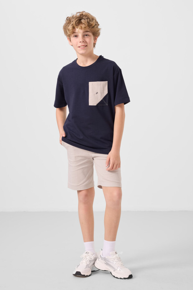 Lacivert-Taş Pamuklu Oversize Fit Dokuma Hafif Esnek Chino Erkek Çocuk Şort Takım - 11278 - 4