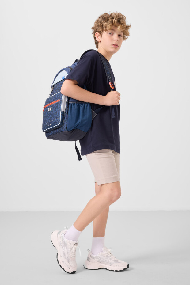 Lacivert-Taş Pamuklu Oversize Fit Dokuma Hafif Esnek Chino Erkek Çocuk Şort Takım - 11278 - 1