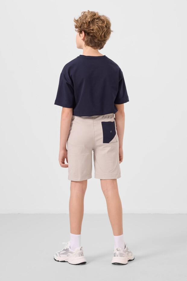 Lacivert-Taş Pamuklu Oversize Fit Dokuma Hafif Esnek Chino Erkek Çocuk Şort Takım - 11278 - 7