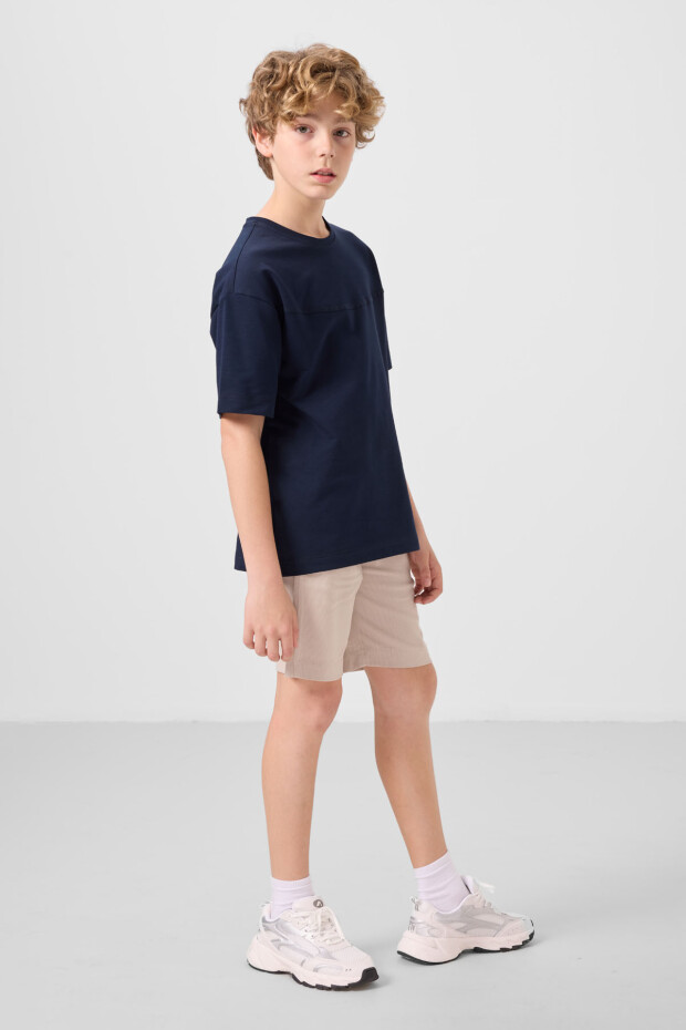 Lacivert-Taş Pamuklu Oversize Fit Dokuma Hafif Esnek Chino Erkek Çocuk Şort Takım - 11279 - 3