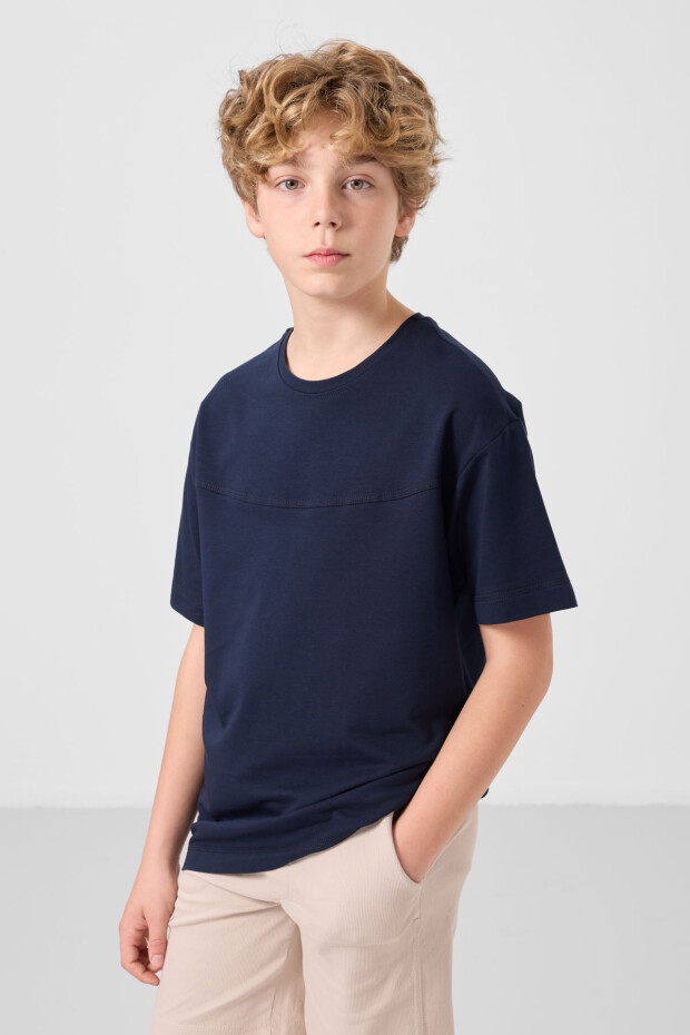 Lacivert-Taş Pamuklu Oversize Fit Dokuma Hafif Esnek Chino Erkek Çocuk Şort Takım - 11279 - 5