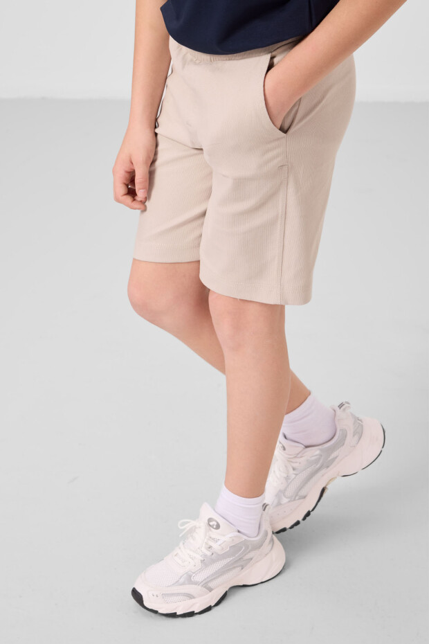 Lacivert-Taş Pamuklu Oversize Fit Dokuma Hafif Esnek Chino Erkek Çocuk Şort Takım - 11279 - 4