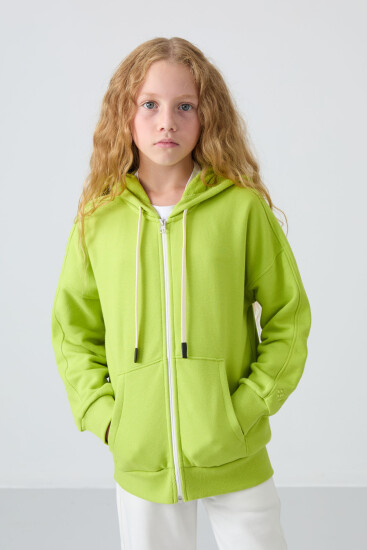 Lime Yeşil Pamuklu İçi Tüylü Yumuşak Dokulu Standart Fit Nakışlı Kız Çocuk Sweatshirt - 75149 