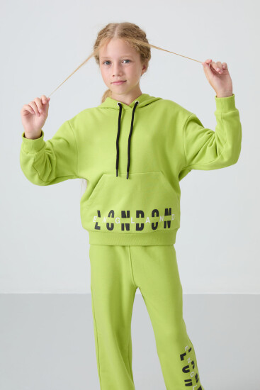 Lime Yeşil Pamuklu İçi Tüylü Yumuşak Dokulu Oversize Baskılı Kız Çocuk Eşofman Takım - 75147 - TOMMYLIFE (1)