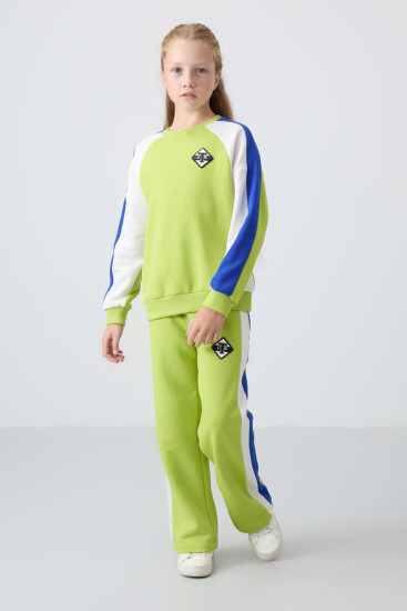 Lime Yeşil O Yaka Geniş Paça Standart Fit Baskılı Kız Çocuk Eşofman Takım - 75165 