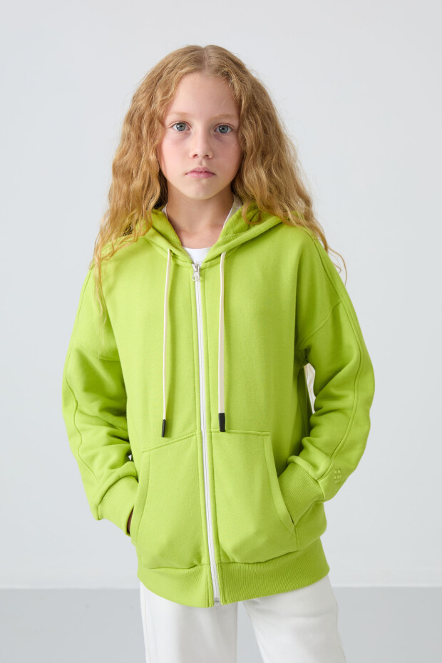 Lime Yeşil Pamuklu İçi Tüylü Yumuşak Dokulu Standart Fit Nakışlı Kız Çocuk Sweatshirt - 75149 - 1