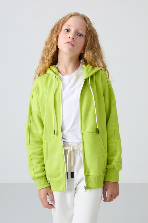Lime Yeşil Pamuklu İçi Tüylü Yumuşak Dokulu Standart Fit Nakışlı Kız Çocuk Sweatshirt - 75149 - 2