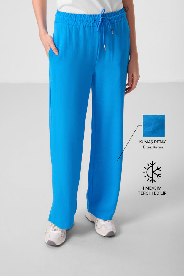 Mavi Keten Geniş Paça Rahat Form Kadın Palazzo Pantolon - 94675 - 1